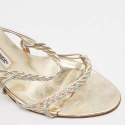 Pre Owned Manolo Blahnik Silver/Gold Leather Braided Slide Sandals Size 38