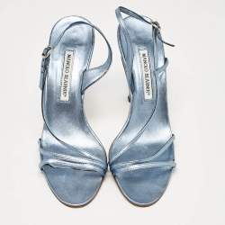 Pre Owned Manolo Blahnik Metallic Blue Leather Strappy Slingback Sandals Size 39