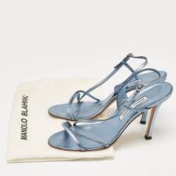 Pre Owned Manolo Blahnik Metallic Blue Leather Strappy Slingback Sandals Size 39