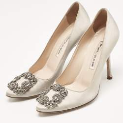 Pre Owned Manolo Blahnik Grey Satin Hangisi Pumps Size 36