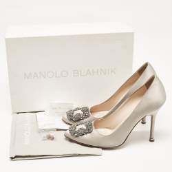 Pre Owned Manolo Blahnik Grey Satin Hangisi Pumps Size 36