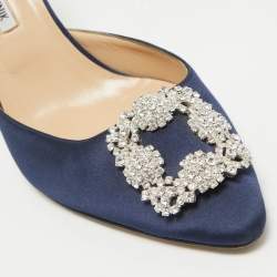Pre Owned Manolo Blahnik Navy Blue Satin Hangisi Mules Size 41