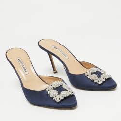 Pre Owned Manolo Blahnik Navy Blue Satin Hangisi Mules Size 41