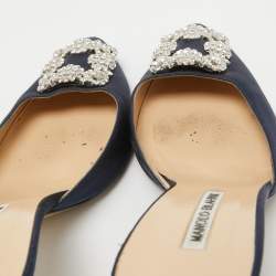 Pre Owned Manolo Blahnik Navy Blue Satin Hangisi Mules Size 41