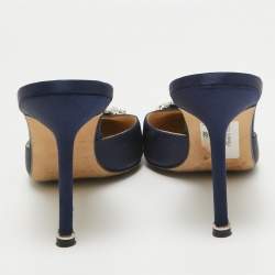Pre Owned Manolo Blahnik Navy Blue Satin Hangisi Mules Size 41