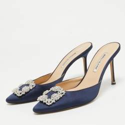 Pre Owned Manolo Blahnik Navy Blue Satin Hangisi Mules Size 41