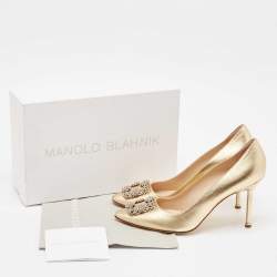 Pre Owned Manolo Blahnik Gold Leather Hangisi Crystal Embellished Pointed Toe Pumps Size 40