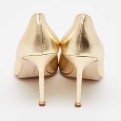Pre Owned Manolo Blahnik Gold Leather Hangisi Crystal Embellished Pointed Toe Pumps Size 40