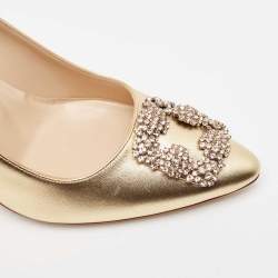 Pre Owned Manolo Blahnik Gold Leather Hangisi Crystal Embellished Pointed Toe Pumps Size 40