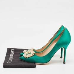 Pre Owned Manolo Blahnik Green Satin Hangisi Pumps Size 39.5