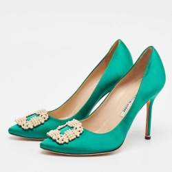 Pre Owned Manolo Blahnik Green Satin Hangisi Pumps Size 39.5