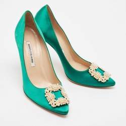 Pre Owned Manolo Blahnik Green Satin Hangisi Pumps Size 39.5