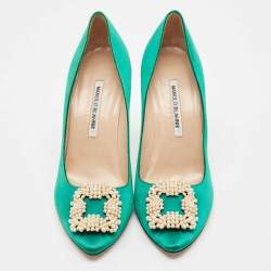Pre Owned Manolo Blahnik Green Satin Hangisi Pumps Size 39.5