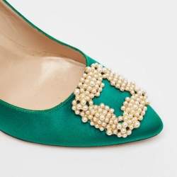 Pre Owned Manolo Blahnik Green Satin Hangisi Pumps Size 39.5