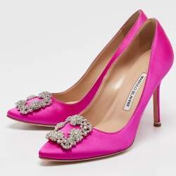Pre Owned Manolo Blahnik Pink Satin Hangisi Pumps Size 38.5
