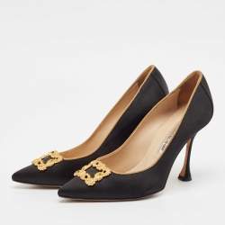 Pre Owned Manolo Blahnik Black Satin Embellished Pointed Toe Pumps Size 37.5
