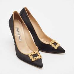 Pre Owned Manolo Blahnik Black Satin Embellished Pointed Toe Pumps Size 37.5