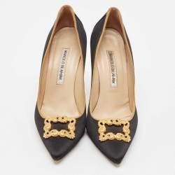 Pre Owned Manolo Blahnik Black Satin Embellished Pointed Toe Pumps Size 37.5