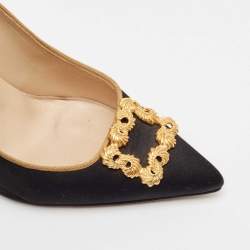 Pre Owned Manolo Blahnik Black Satin Embellished Pointed Toe Pumps Size 37.5
