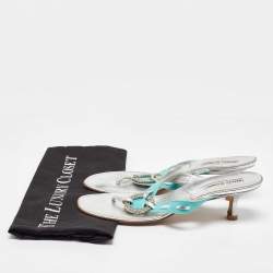 Pre Owned Manolo Blahnik Blue/Silver Leather Crystal Embellished Thong Sandals Size 41