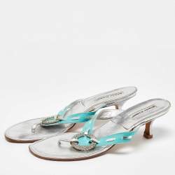 Pre Owned Manolo Blahnik Blue/Silver Leather Crystal Embellished Thong Sandals Size 41