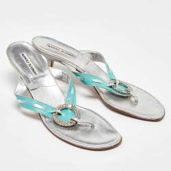 Pre Owned Manolo Blahnik Blue/Silver Leather Crystal Embellished Thong Sandals Size 41