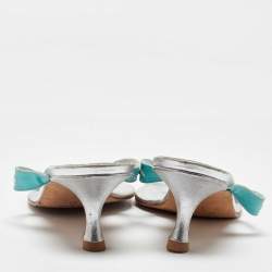 Pre Owned Manolo Blahnik Blue/Silver Leather Crystal Embellished Thong Sandals Size 41