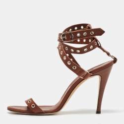 Manolo Blahnik Brown Leather Eyelet Ankle Strap Sandals Size 40.5