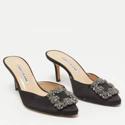 Pre Owned Manolo Blahnik Black Satin Hangisi Mules Size 37.5