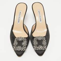 Pre Owned Manolo Blahnik Black Satin Hangisi Mules Size 37.5