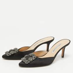 Pre Owned Manolo Blahnik Black Satin Hangisi Mules Size 37.5