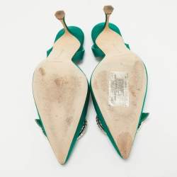 Pre Owned Manolo Blahnik Green Satin Fiboslac Slingback Pumps Size 40