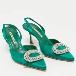 Pre Owned Manolo Blahnik Green Satin Fiboslac Slingback Pumps Size 40