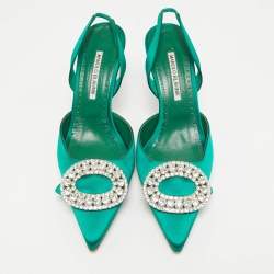 Pre Owned Manolo Blahnik Green Satin Fiboslac Slingback Pumps Size 40