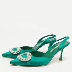 Pre Owned Manolo Blahnik Green Satin Fiboslac Slingback Pumps Size 40