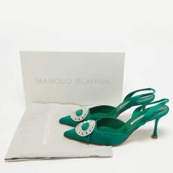 Pre Owned Manolo Blahnik Green Satin Fiboslac Slingback Pumps Size 40