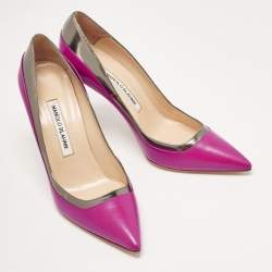 Manolo Blahnik Purple/Metallic Grey Leather Pointed Toe Pumps Size 38