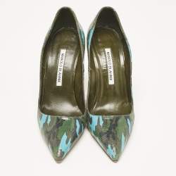 Pre Owned Manolo Blahnik Tricolor Camouflage Print Embossed Lizard Pointed Toe Pumps Size 38 