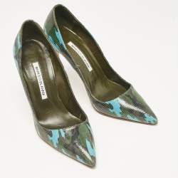 Pre Owned Manolo Blahnik Tricolor Camouflage Print Embossed Lizard Pointed Toe Pumps Size 38 