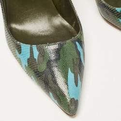 Pre Owned Manolo Blahnik Tricolor Camouflage Print Embossed Lizard Pointed Toe Pumps Size 38 