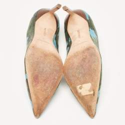 Pre Owned Manolo Blahnik Tricolor Camouflage Print Embossed Lizard Pointed Toe Pumps Size 38 