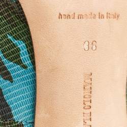 Pre Owned Manolo Blahnik Tricolor Camouflage Print Embossed Lizard Pointed Toe Pumps Size 38 