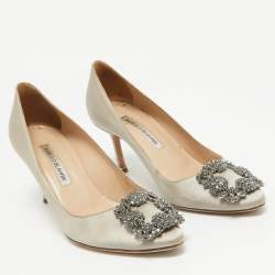 Pre Owned Manolo Blahnik Grey Satin Hangisi Pumps Size 37