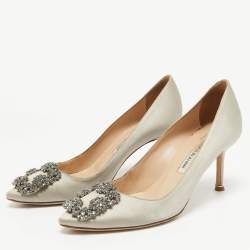 Pre Owned Manolo Blahnik Grey Satin Hangisi Pumps Size 37