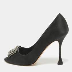 Manolo Blahnik Black Satin Matik Peep Toe Pumps Size 37.5