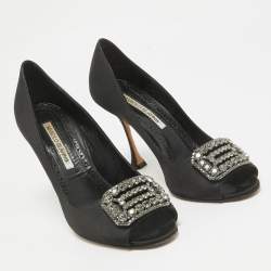 Manolo Blahnik Black Satin Matik Peep Toe Pumps Size 37.5