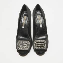 Manolo Blahnik Black Satin Matik Peep Toe Pumps Size 37.5