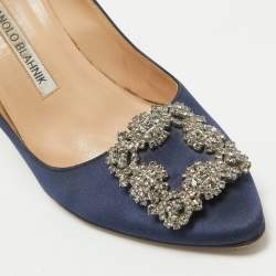 Pre Owned Manolo Blahnik Navy Blue Satin Hangisi Pumps Size 37