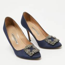 Pre Owned Manolo Blahnik Navy Blue Satin Hangisi Pumps Size 37