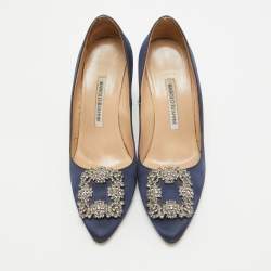 Pre Owned Manolo Blahnik Navy Blue Satin Hangisi Pumps Size 37